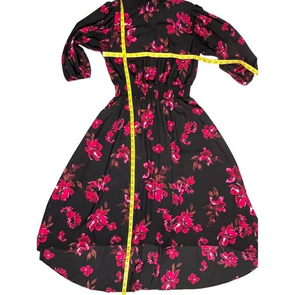 Nanette Lepore Black & Red Floral Smocked Puff Sleeve Midi Dress Size 10 - Picture 8 of 8